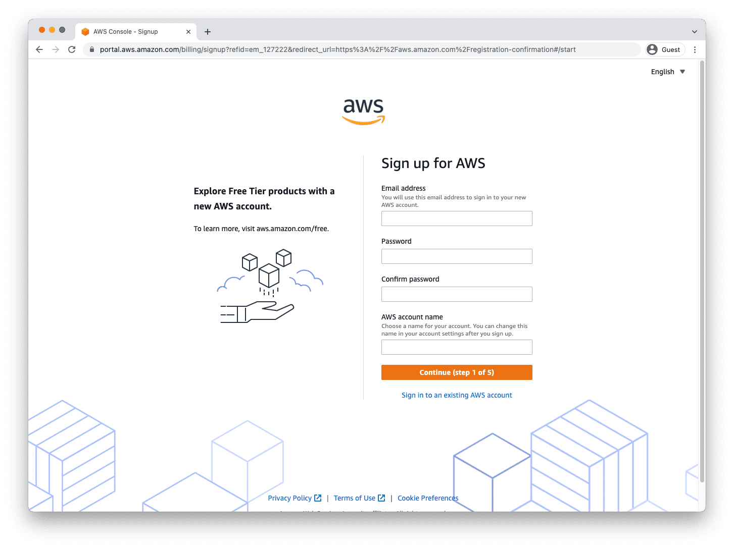 Форма подписки на уровень бесплатного пользования AWS